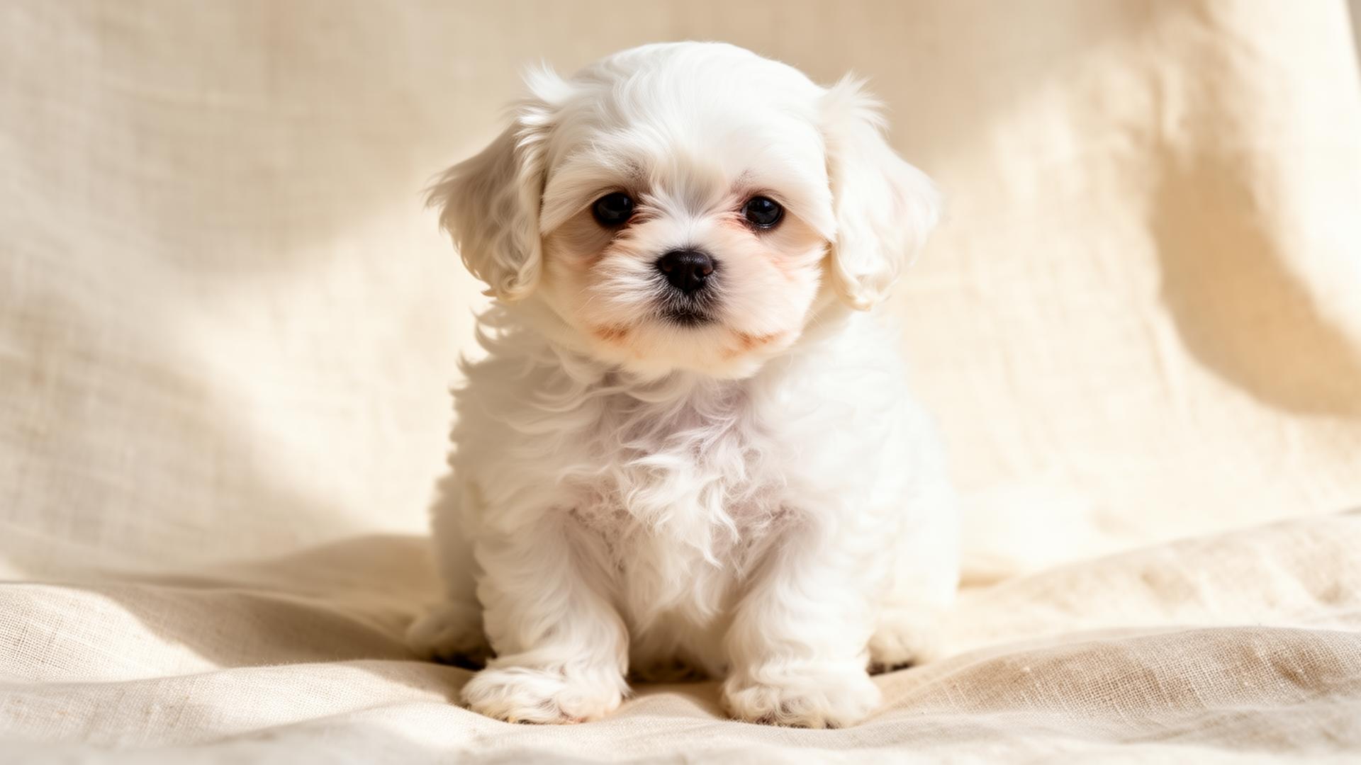 Cachorro Bichón Maltés blanco sobre lino crema